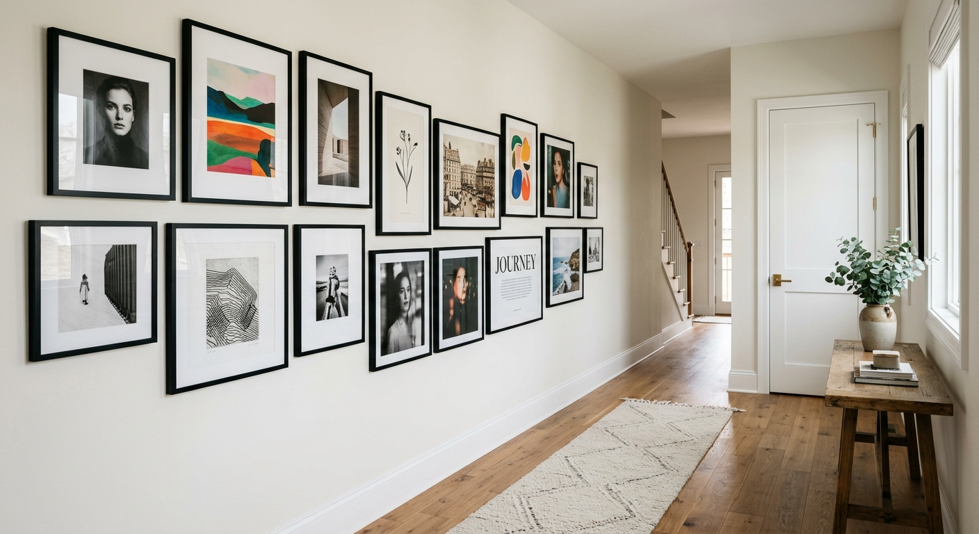 Composition de cadres dans un couloir, cadres noirs alignés avec photos et prints