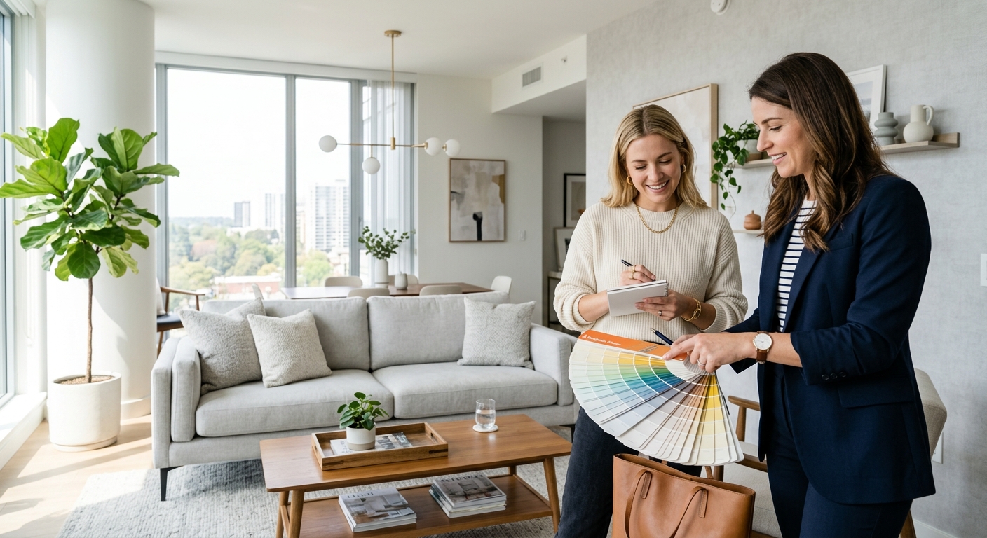 Décorateur intérieur montrant des échantillons de couleur dans un appartement
