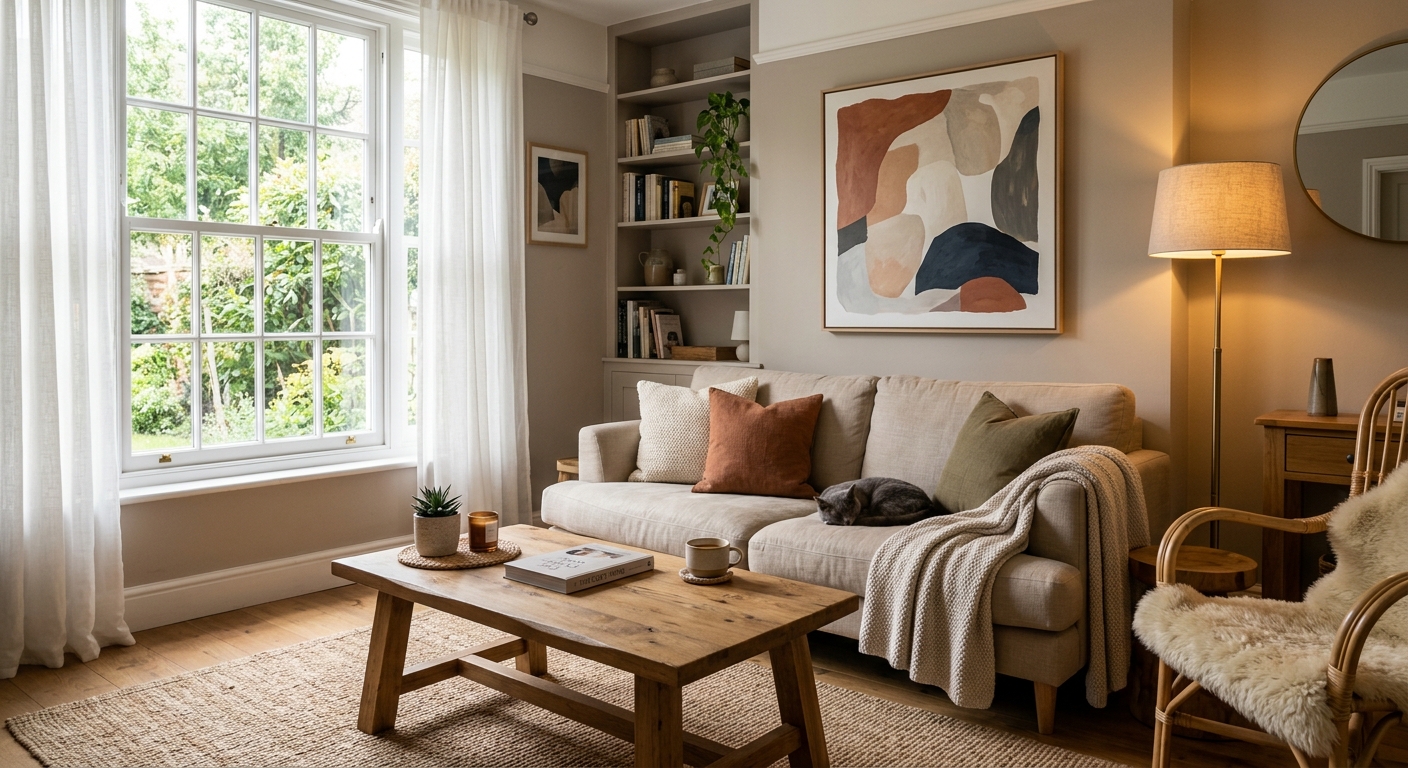 Salon chaleureux avec canapé en lin, lampe sur pied et tableau mural