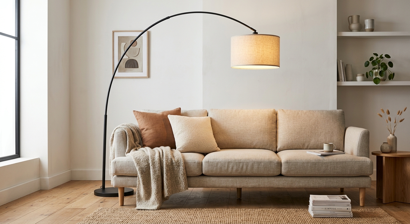 Lampadaire arc au-dessus d'un canapé dans un salon sans plafonnier