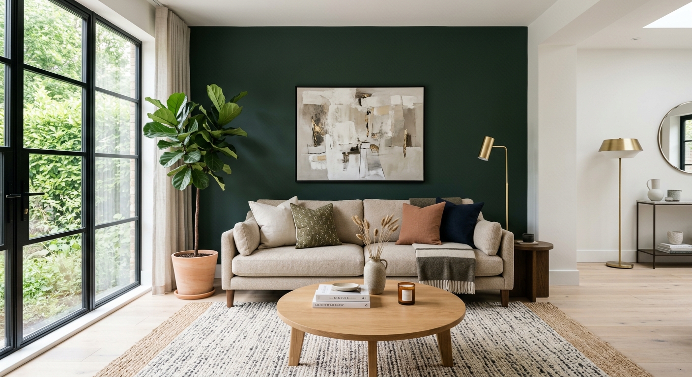 Salon avec un mur accent vert foncé derrière un canapé beige