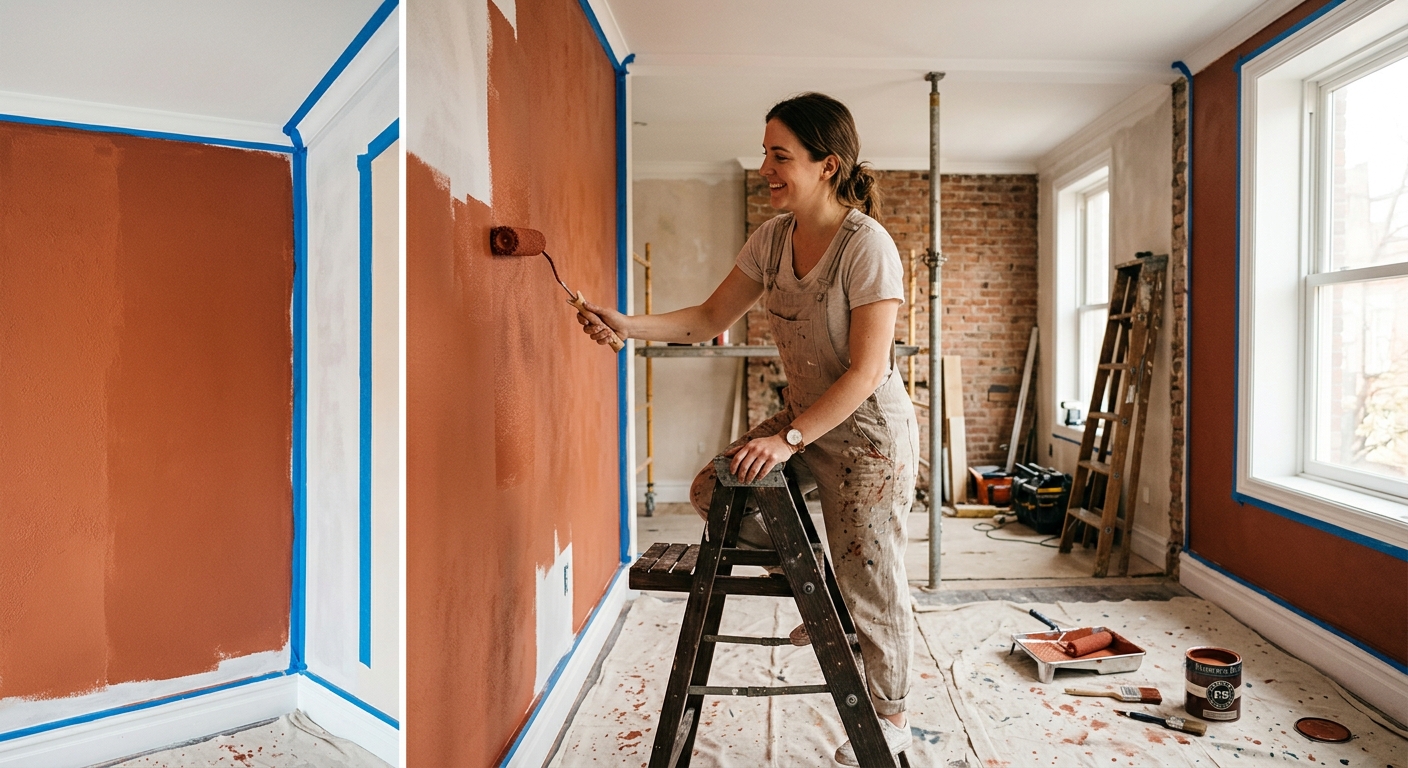 Personne peignant un mur au rouleau, couleur terracotta, masquage en place