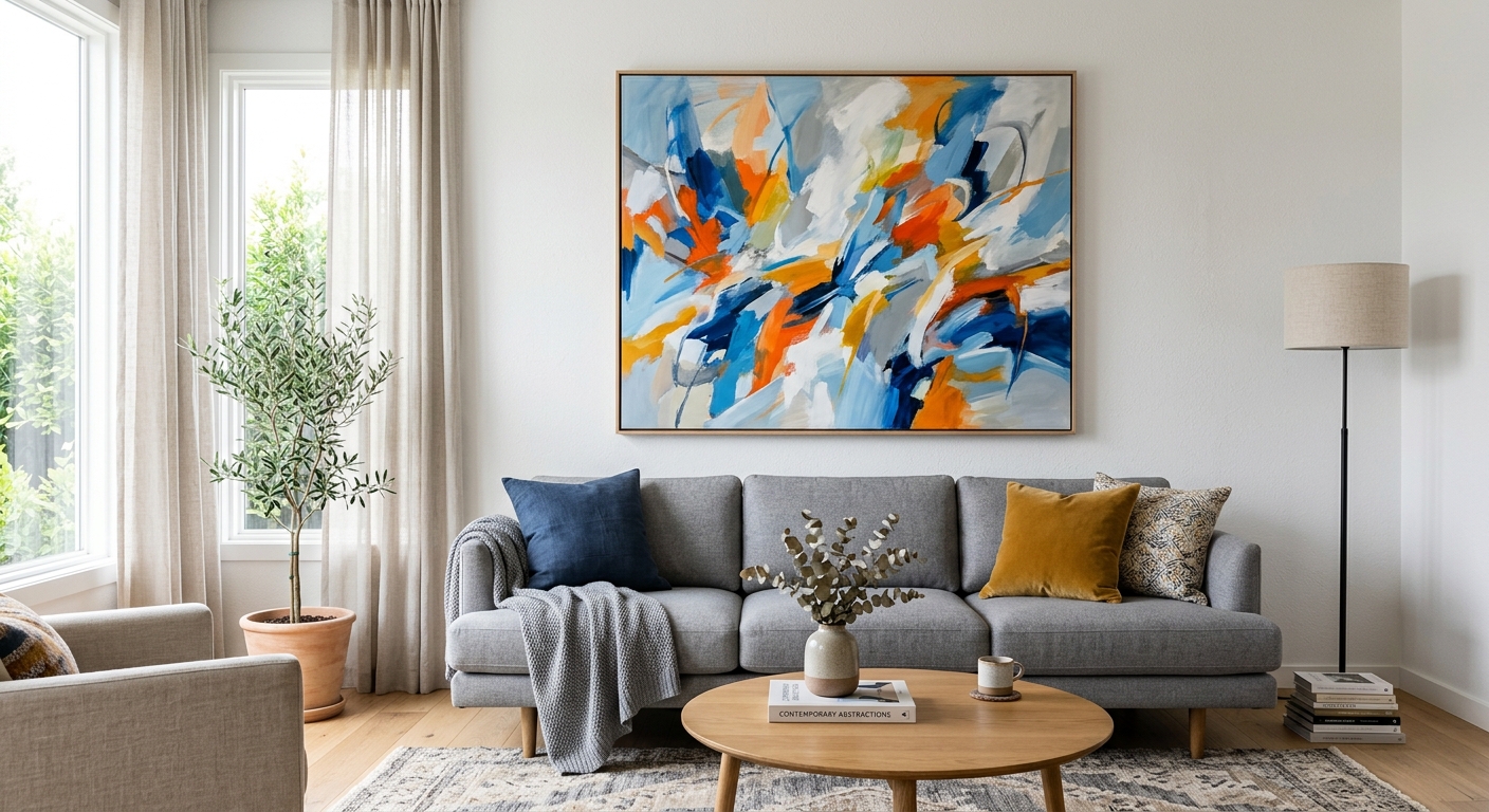 Grand tableau abstrait accroché au-dessus d un canapé gris dans un salon lumineux
